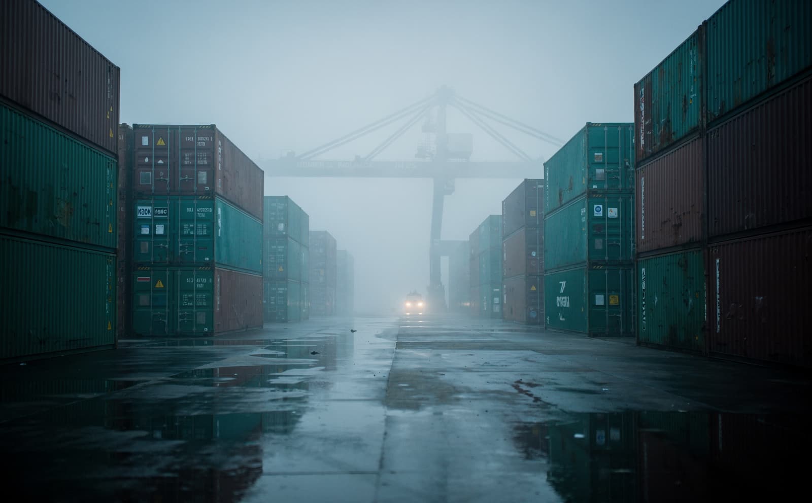 A large intermodal logistics yard at dawn, fog drifting between rows of stacked containers, a gantry crane silhouette in the distance