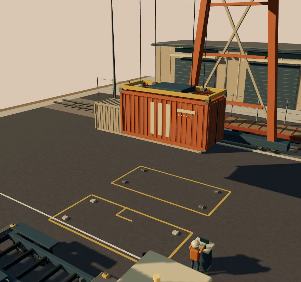 Marked load A7 hangs from a gantry beside an empty assigned bay and a waiting carrier in an amber-lit logistics yard.