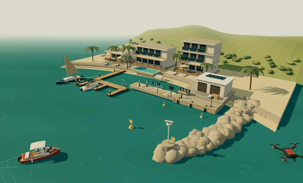 A public waterfront beside a working quay Authored simulation.